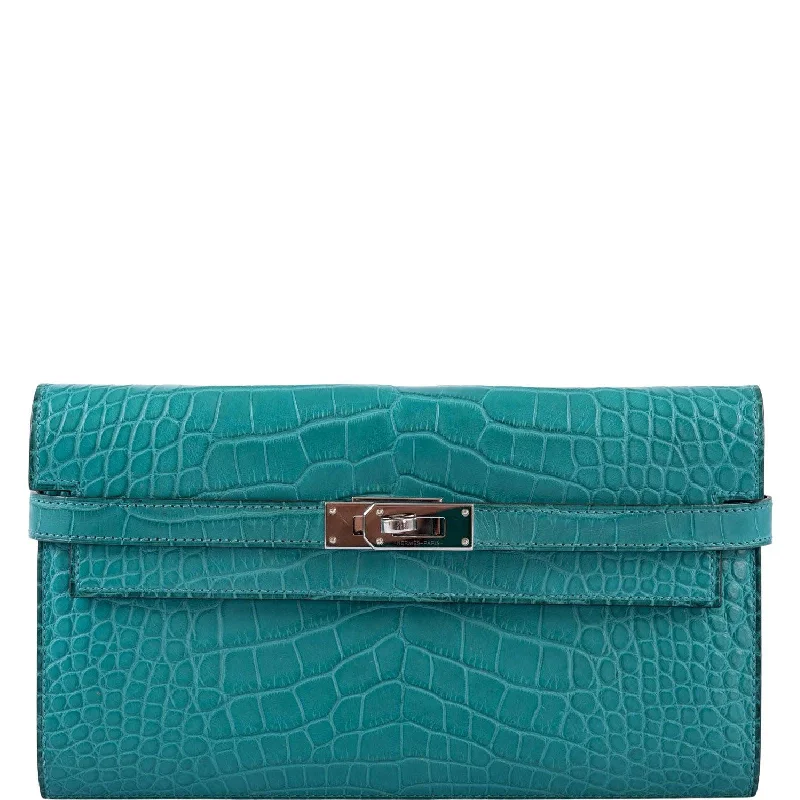 Hermès Kelly Longue Wallet Blue Paon Matte Alligator with Palladium Hardware