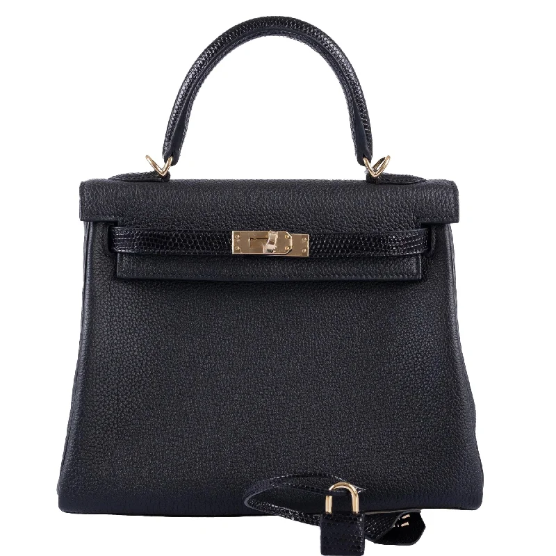 Hermès Kelly 25 Retourne Touch Black Lizard & Togo with Gold Hardware - 2021, Z