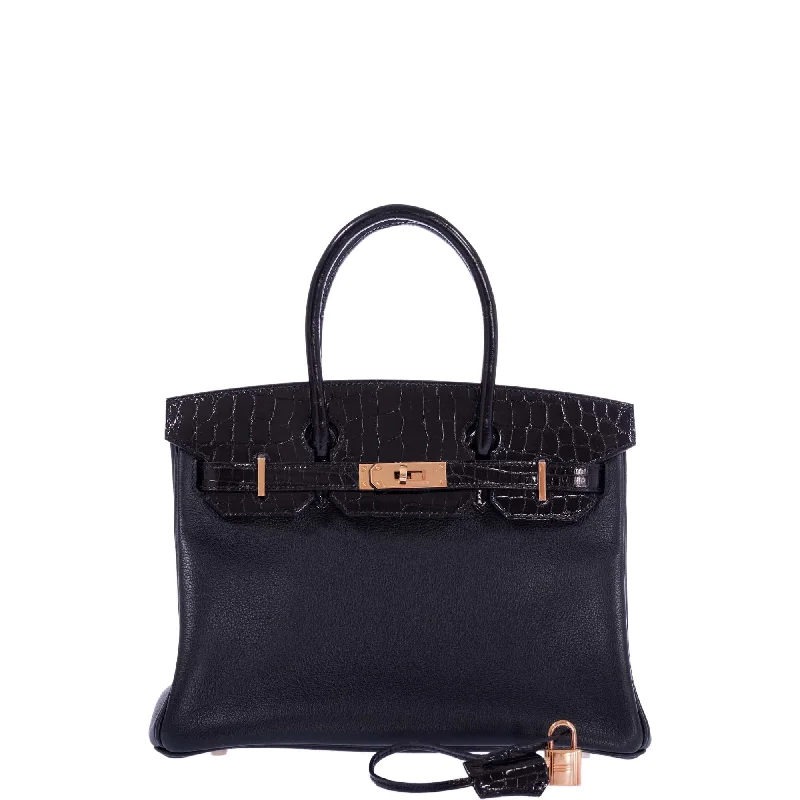 Hermès Touch Birkin 30 Black Shiny Nilo Crocodile and Togo Rose Gold Hardware