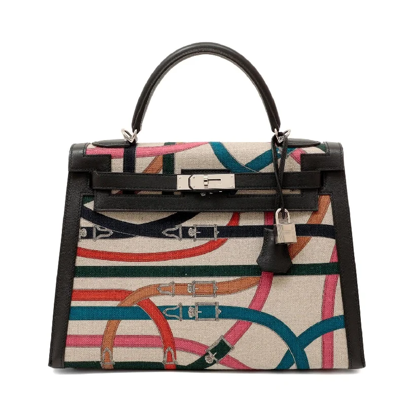 Hermès 32cm Black Swift Toile DE Camp Cavalcadour Limited Edition Kelly w/ Palladium Hardware