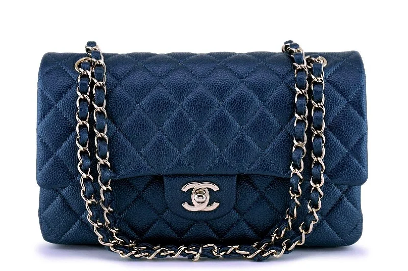 New 18S Chanel Pearly Navy Blue Caviar Medium Classic Double Flap Bag GHW