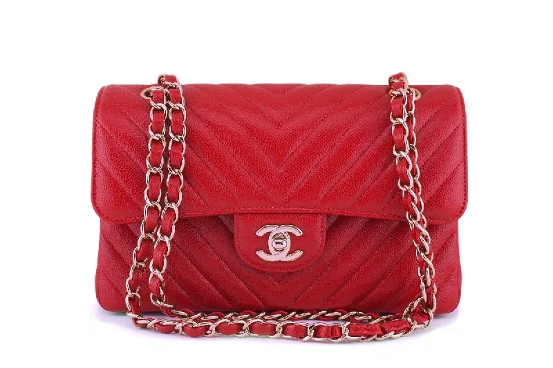 New 20B Chanel Red Caviar Chevron Small Classic Double Flap Bag GHW