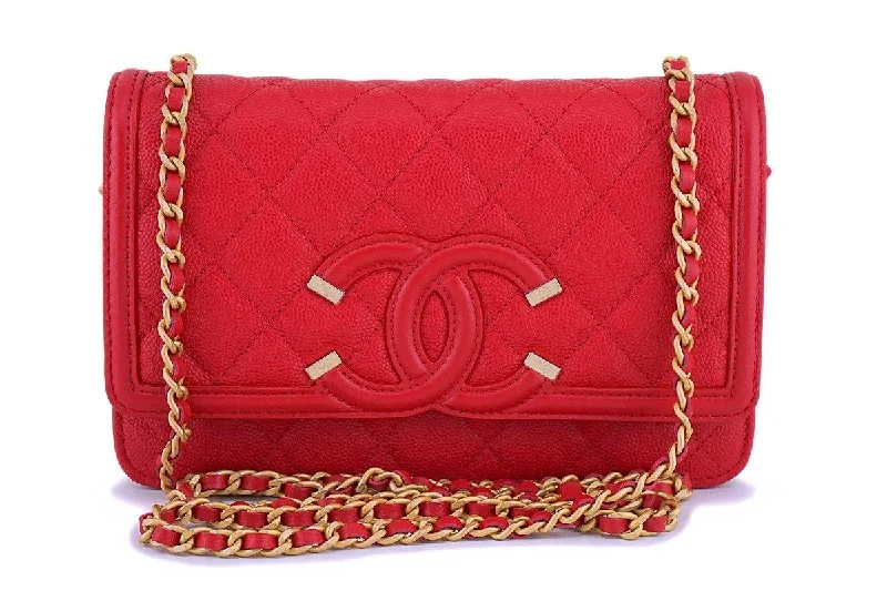 NIB 18P Chanel Red Caviar Filigree WOC Wallet on Chain Flap Bag