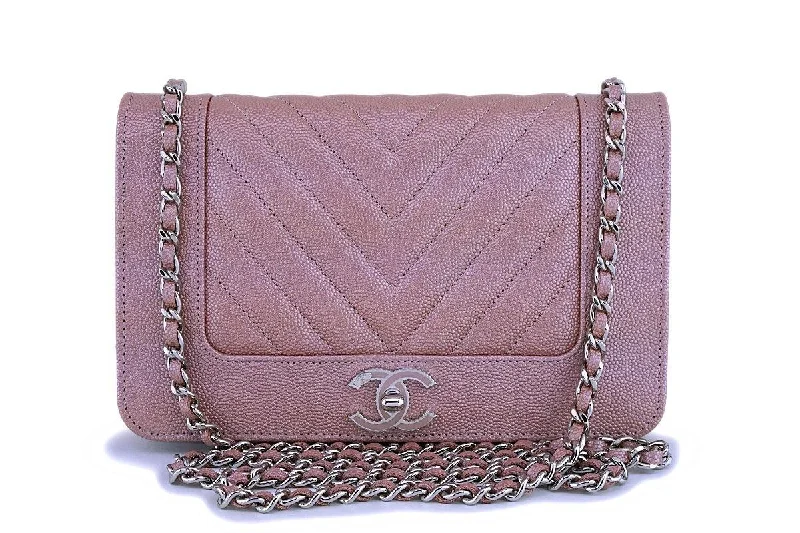 NIB 19P Chanel Iridescent Pink Caviar Rose Gold Chevron Wallet on Chain WOC Flap Bag