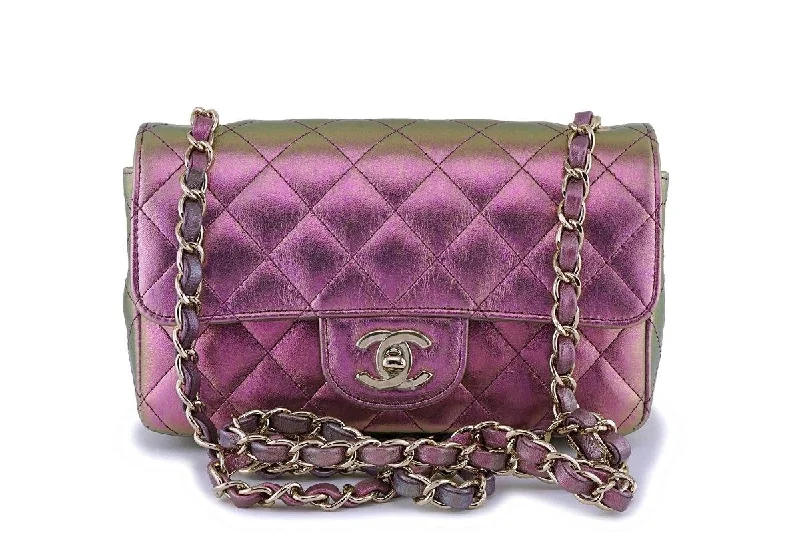 NIB 20B Chanel Purple Pink Iridescent Rainbow Rectangular Mini Classic Flap Bag GHW