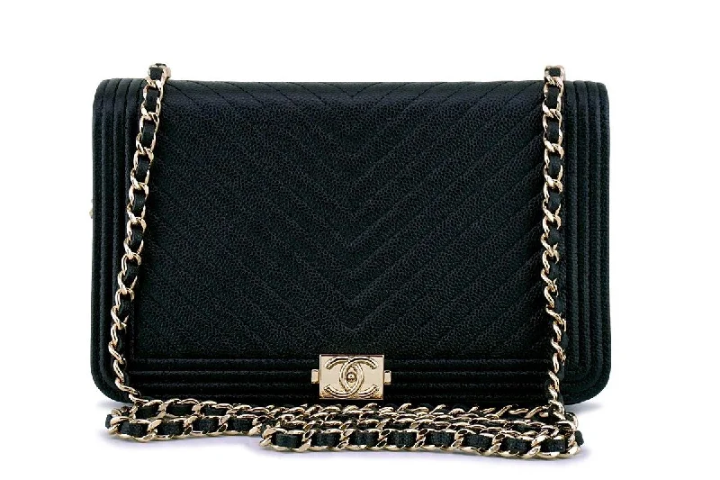 NIB Chanel Black Caviar Chevron Boy Classic WOC Wallet on Chain Flap Bag GHW