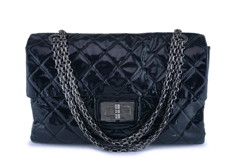 Rare Chanel Black Patent XXL Supermodel Reissue Flap Bag Weekender RHW