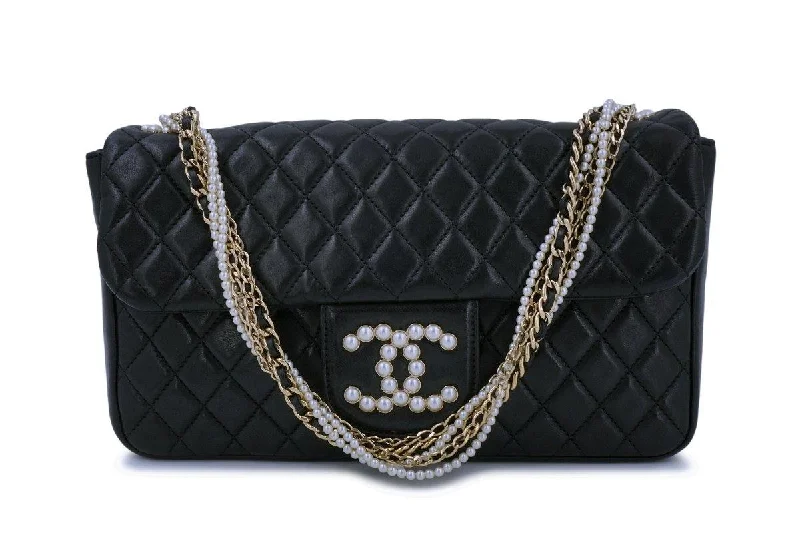 Rare Chanel Black Westminster Pearl Classic Flap Bag