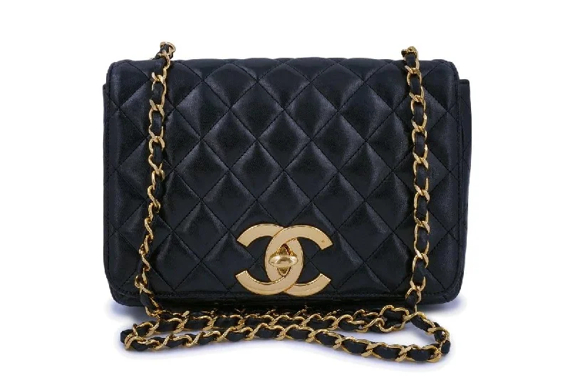 Rare Chanel Vintage Black Lambskin Full Flap Crossbody Bag 24k GHW