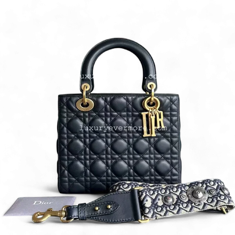 *Calfskin, Flap, With Strap* Dior Lady Medium - Calfskin Cannage Calfskin Dark Blue Golden Hardware