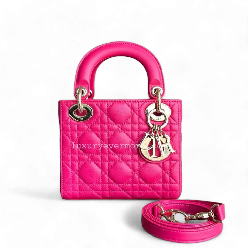 Lady Mini Lambskin Cannage Hot Pink Golden Hardware