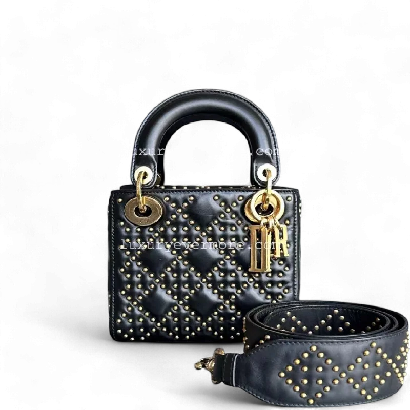 Lady Mini Studded Cannage Calfskin Black Golden Hardware